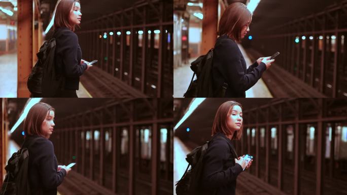 高效通勤:亚洲学生在纽约使用手机保持联系并掌握火车时间