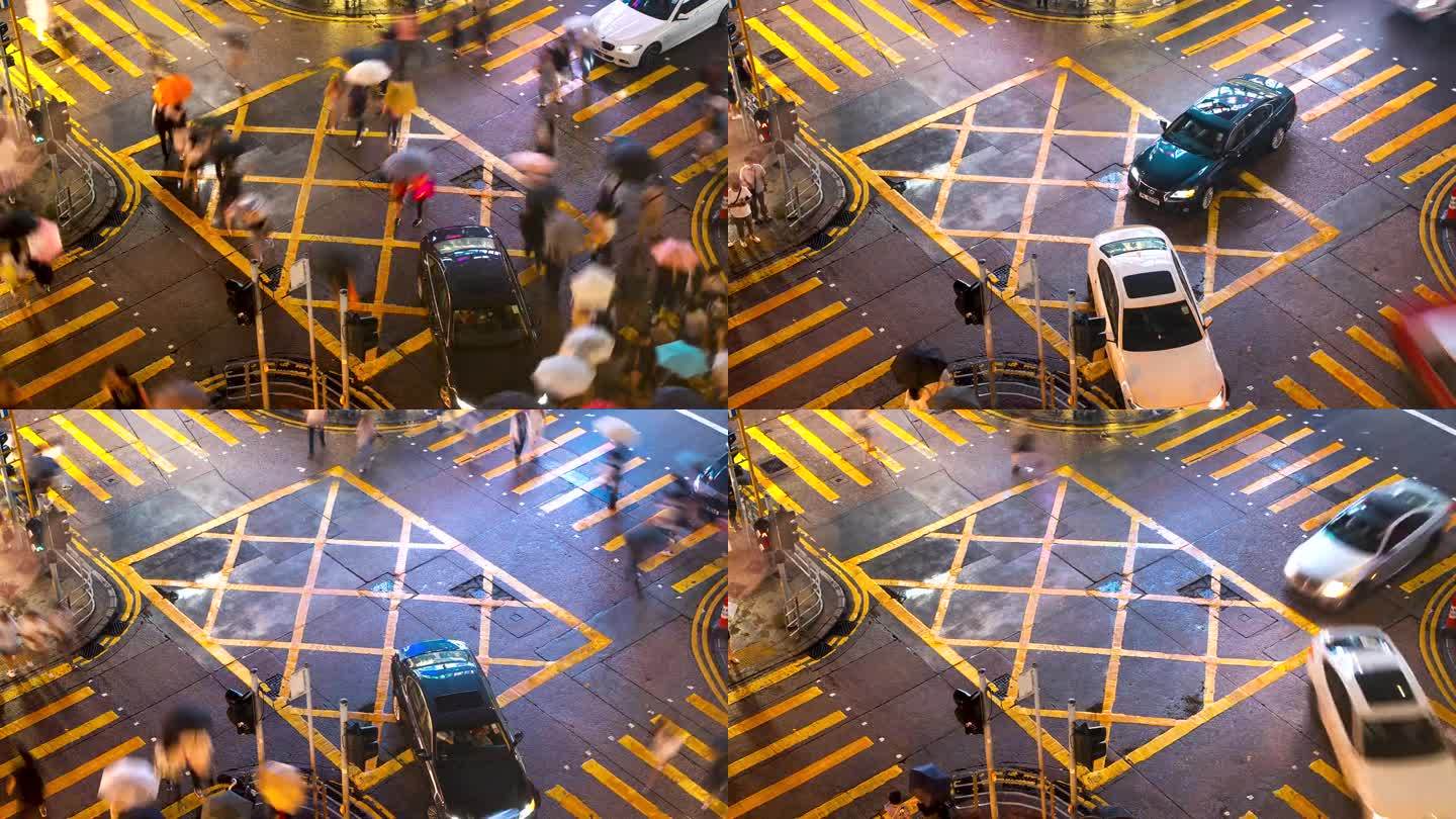 夜间延时拍摄的香港人行横道购物街。