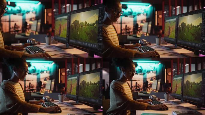 熟练的女设计师晚上在创意办公室的台式电脑上制作新视频游戏时添加3D模型元素。女孩对她的工作很满意。平
