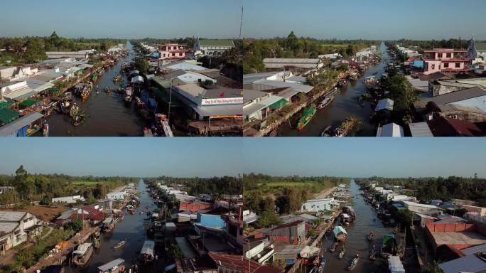 雅南水上市场航拍视频，这是一个著名的市场，位于一条河上，分为5个分支，社庄省