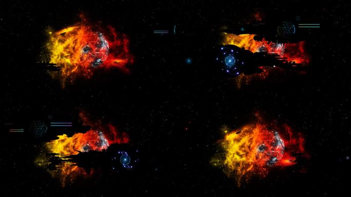 在一颗燃烧的行星和一个明亮的红黄色星云的背景下，大型宇宙飞船的剪影带着许多灯光在太空中飞行。4k循环