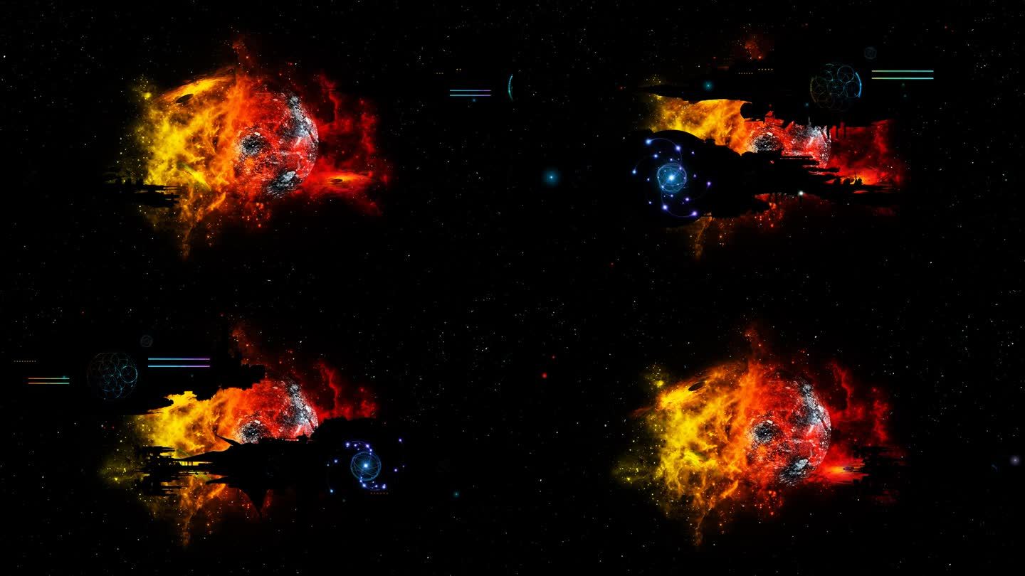 在一颗燃烧的行星和一个明亮的红黄色星云的背景下，大型宇宙飞船的剪影带着许多灯光在太空中飞行。4k循环