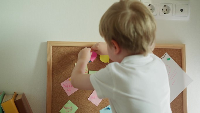 蹒跚学步的孩子把亮粉色的叶子从彩纸上钉到纸板上