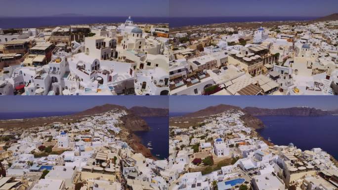 希腊圣托里尼岛沿海小镇鸟瞰图，四面环海。电影4 k。