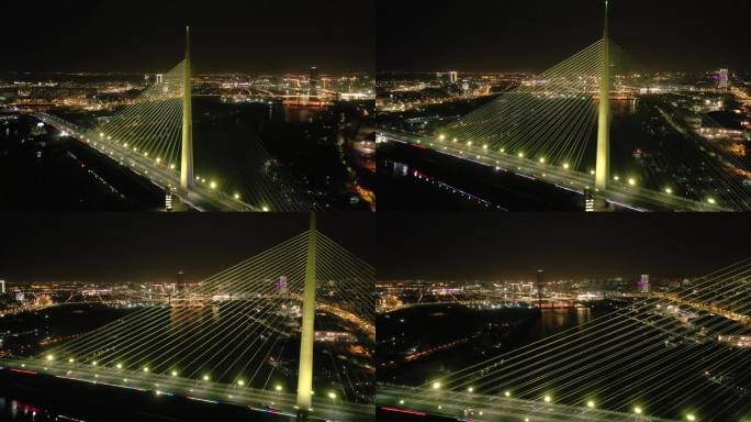 夜间大桥的鸟瞰图