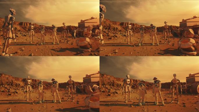 两名宇航员和机器人站在火星表面