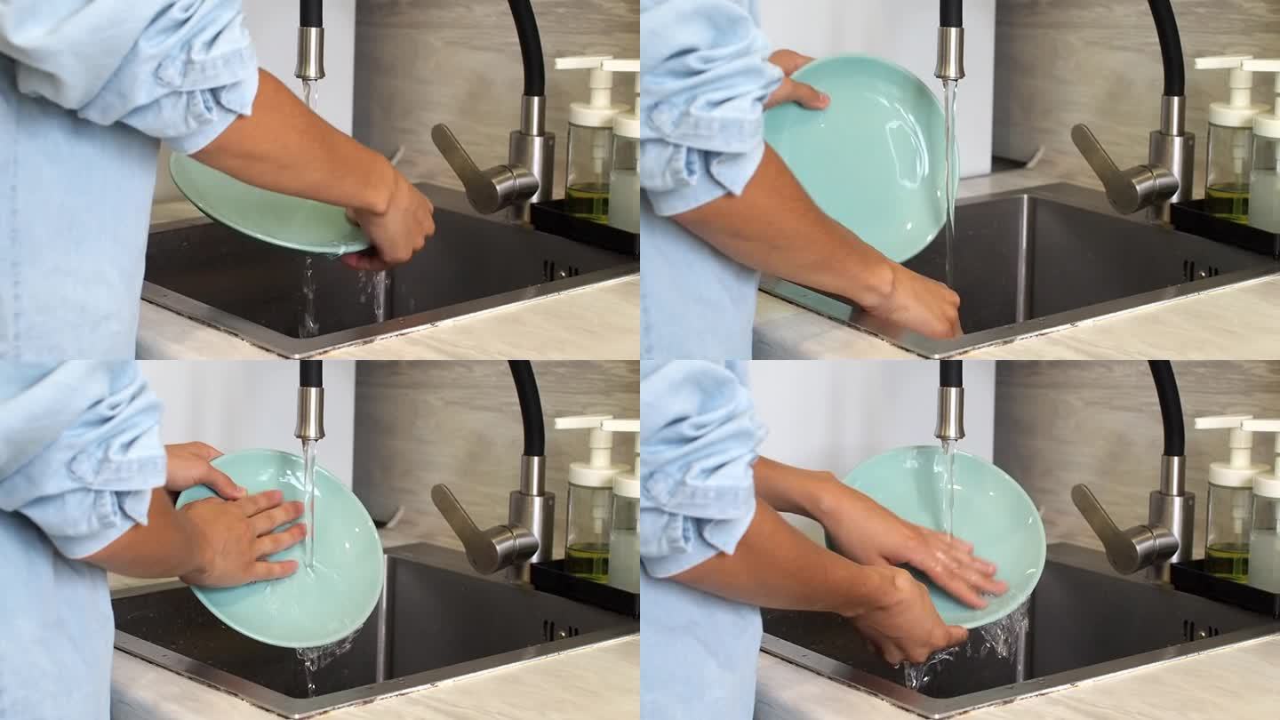 现代厨房里，一名妇女用自来水冲洗蓝色盘子