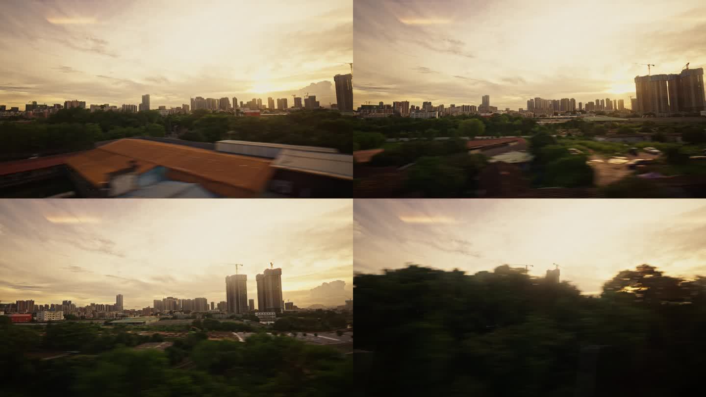 高铁行驶中列车窗外城市夕阳风景