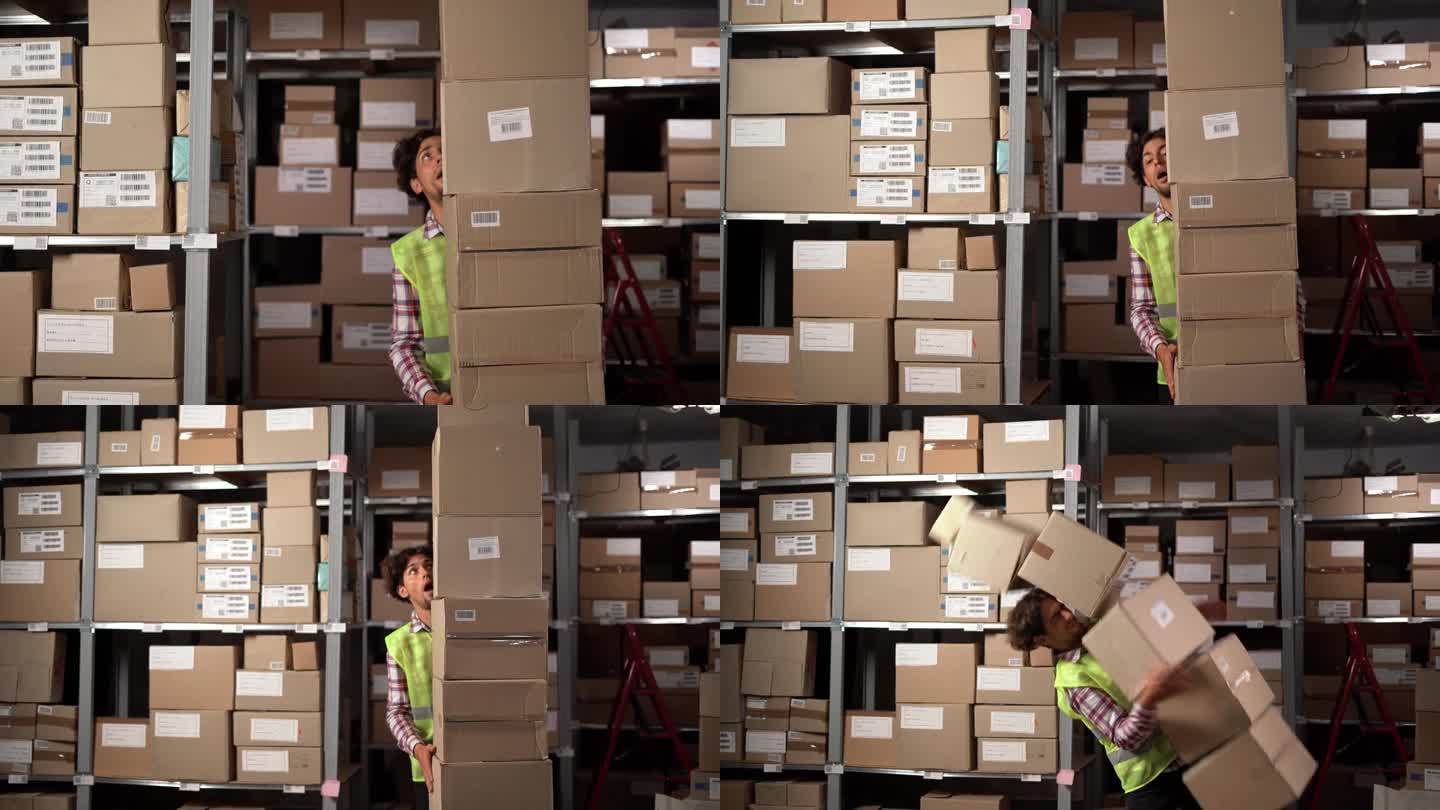 仓库工人搬运纸板箱准备交付生产库存。身穿反光背心的阿拉伯工作人员正在扔下一堆箱子。工作场所的人。