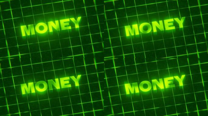 3d渲染循环动画的霓虹字钱孤立在一个绿色的网格