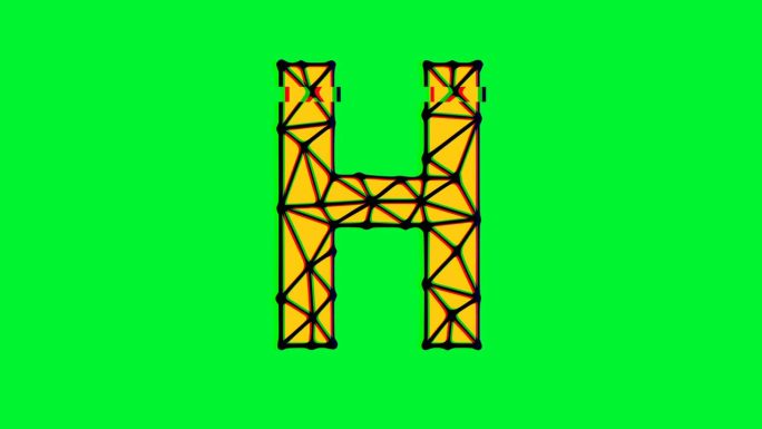 多边形字母h动画与故障效果在绿色背景，4k分辨率视频，文本运动图形