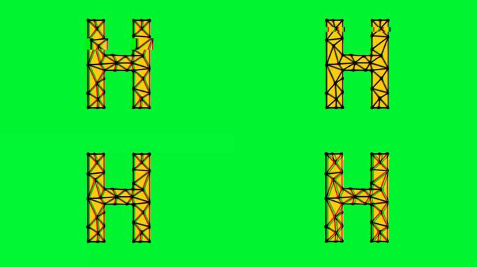 多边形字母h动画与故障效果在绿色背景，4k分辨率视频，文本运动图形