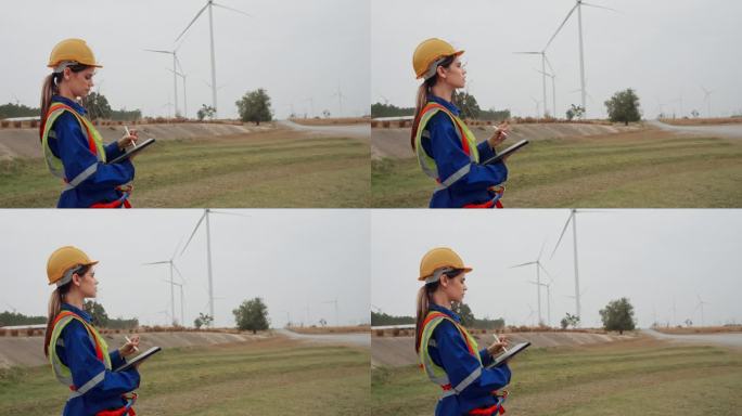技术人员女队手持平板调查施工区域风力发电机