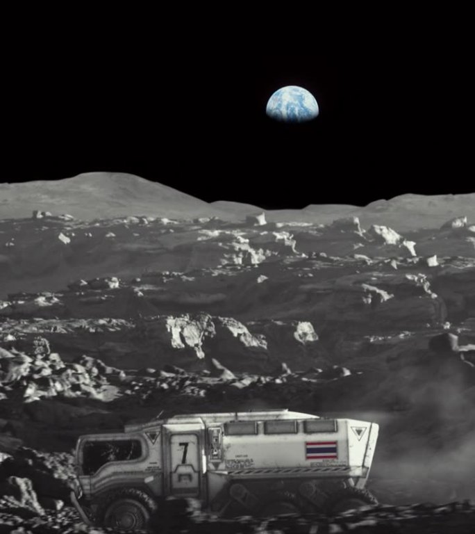 月球的太空殖民。放大带泰国国旗的月球车探索月球表面的垂直视频