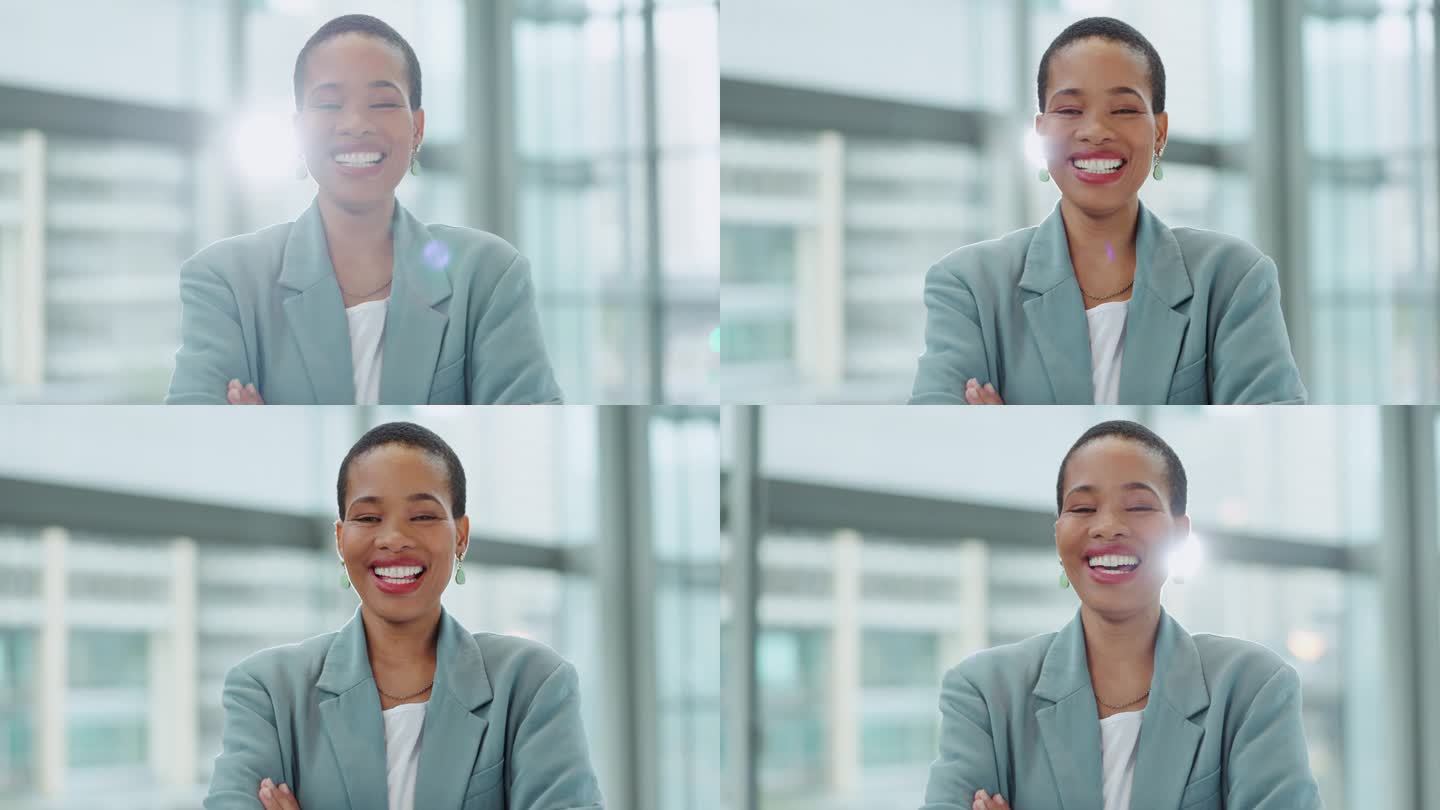 脸，律师和办公室里笑的黑人妇女，公司公司和镜头光圈上的微笑。肖像，快乐的专家和自信的非洲专业律师，雇