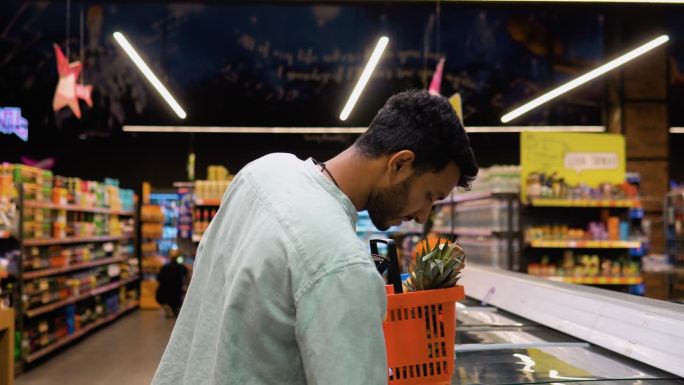 印度男子在超市零售商店购买冷冻鱼和海鲜