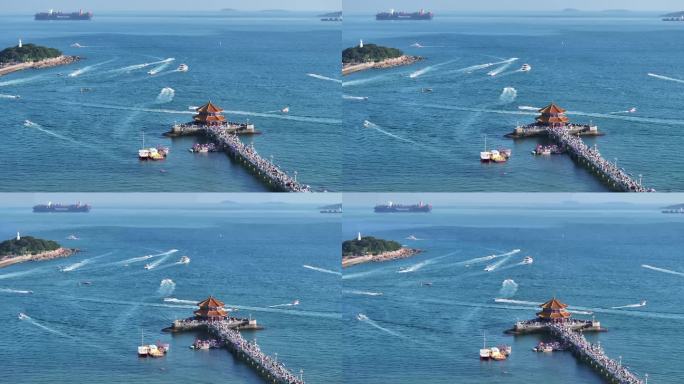 青岛栈桥海景风光4K航拍