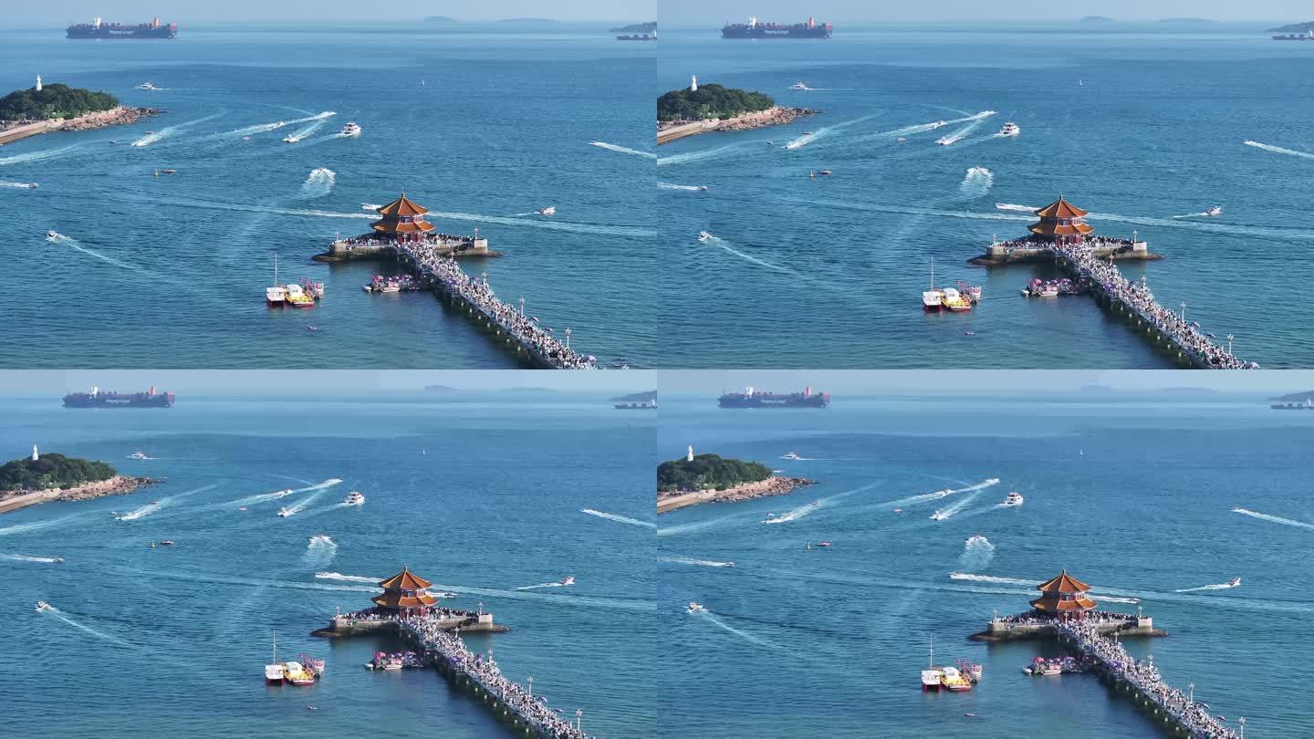 青岛栈桥海景风光4K航拍