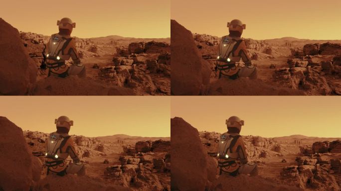 佩戴瑞典国旗的宇航员。独自坐在火星表面