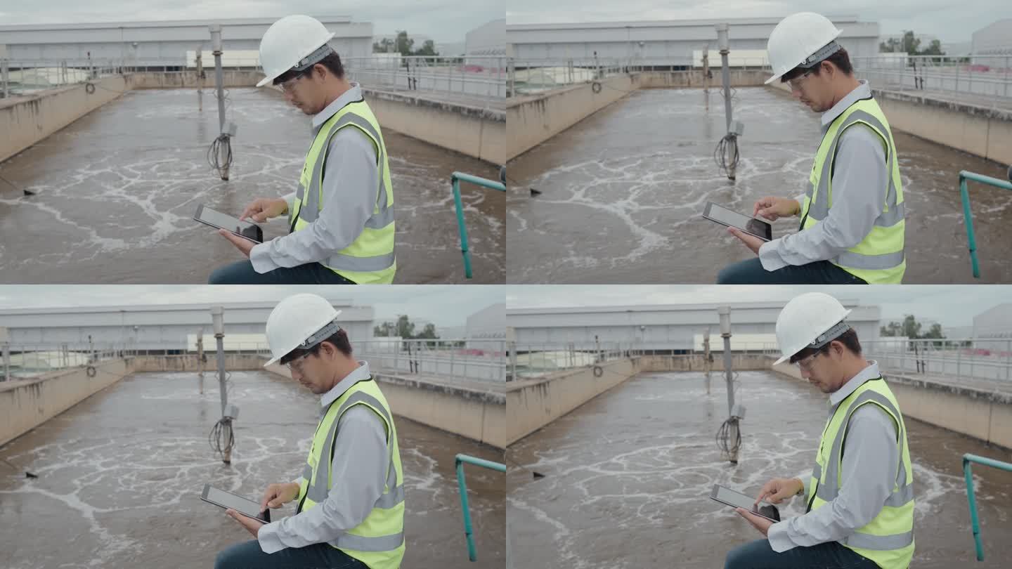 环境工程师在污水处理厂工作，水管理概念。