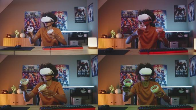 青少年玩家戴着虚拟现实头盔玩虚拟网络游戏