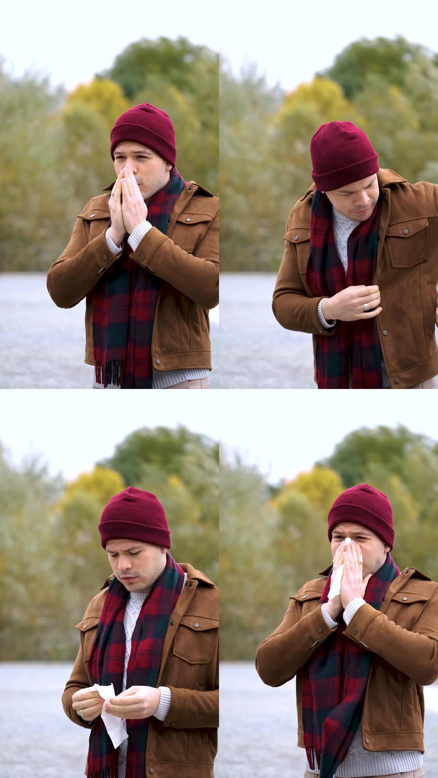 男人在冬天用纸巾搓手、咳嗽、擤鼻涕。