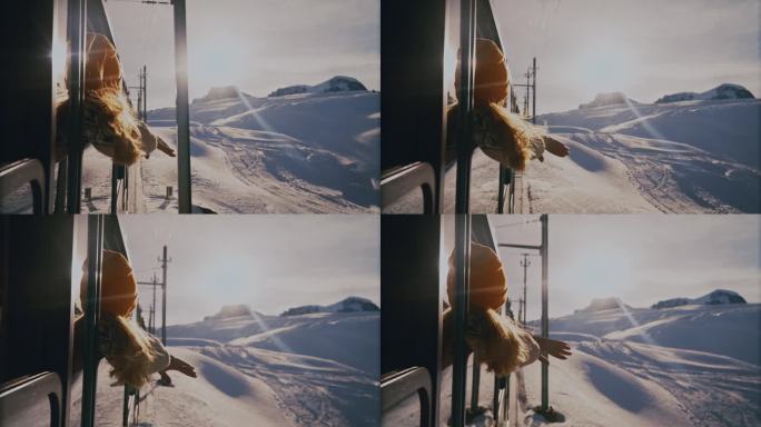 女人们在瑞士阿尔卑斯山享受着著名的冰川火车之旅