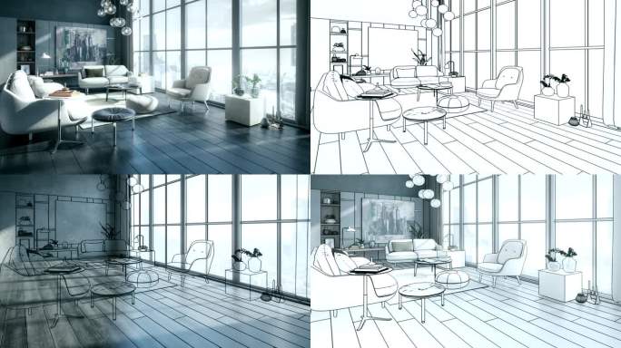 在现代风格的全景公寓内布置-可循环的3D可视化