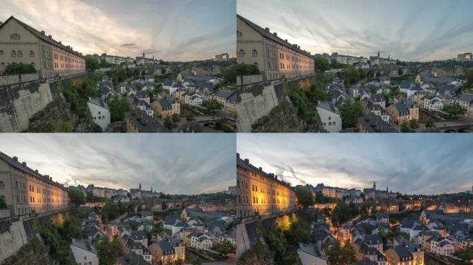 卢森堡大公国4K延时拍摄，历史悠久的卢森堡老城区阿尔泽特河沿岸的城市天际线日夜延时拍摄