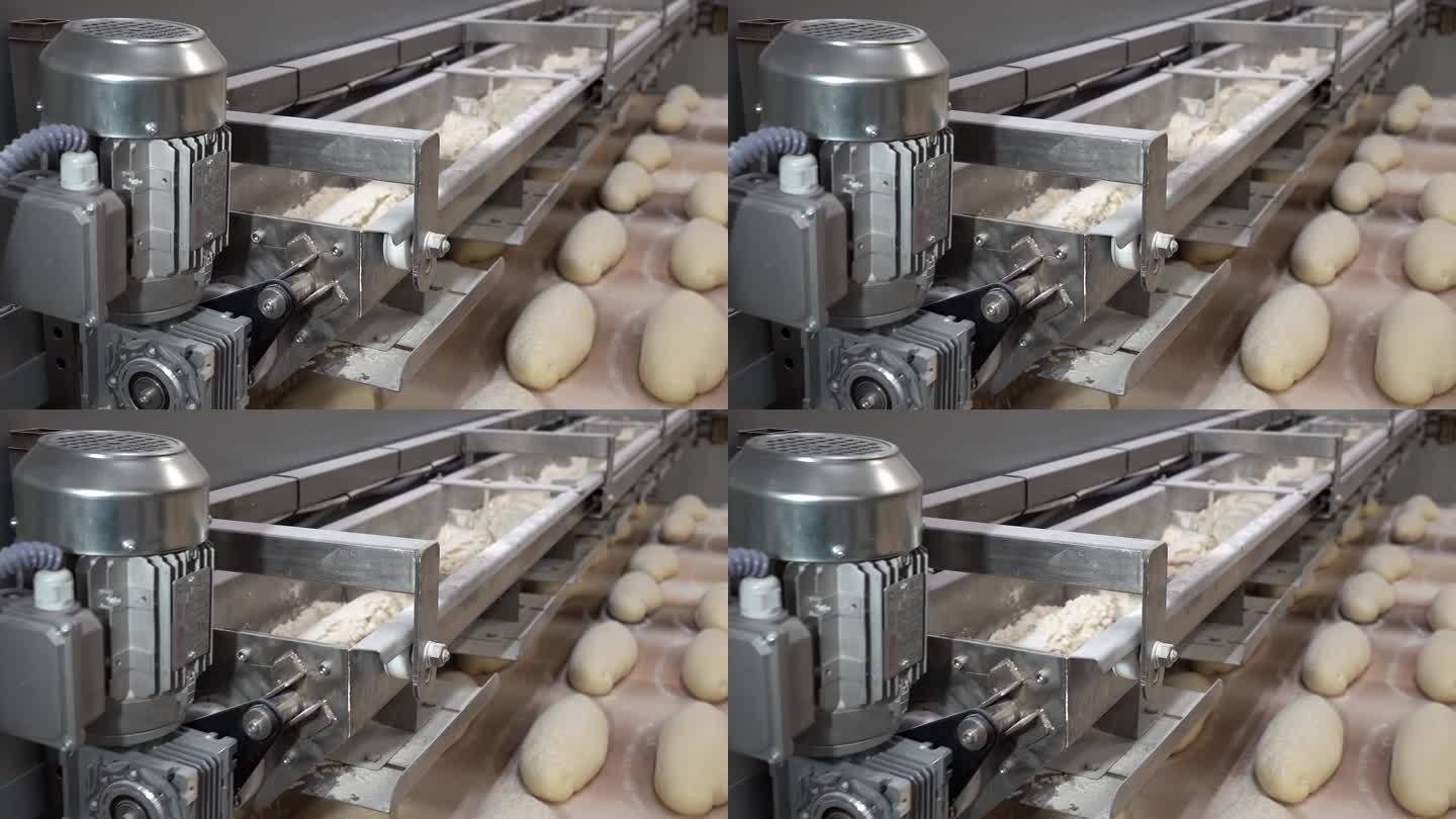 新鲜的面包面团沿着工业面包烘烤隧道烤箱的传送带移动-慢动作视频