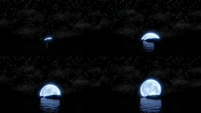 蓝色满月的概念，月升月落在景观黑暗的背景。3d蓝色满月月升月落在景观黑暗夜月月。蓝月圆月升月落月