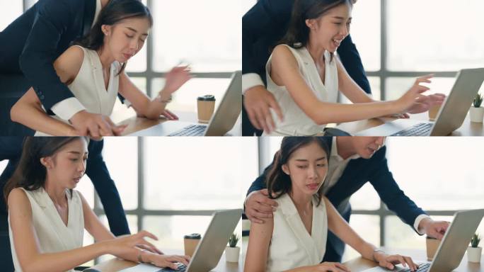 亚洲年轻的客服经理在使用笔记本电脑工作时查看女员工的特写。