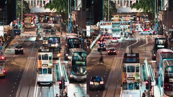 汽车、巴士、的士交通运输、华人、亚洲通勤人群夜间在香港中环过马路的垂直时程图。亚洲的交通生活方式，或