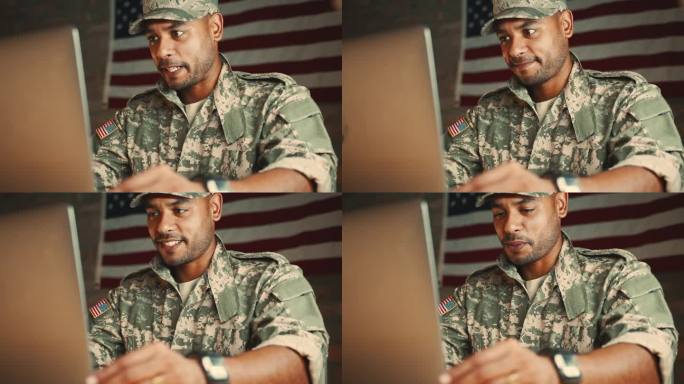 从军队打电话回家，爱国的士兵在网上与家人视频聊天