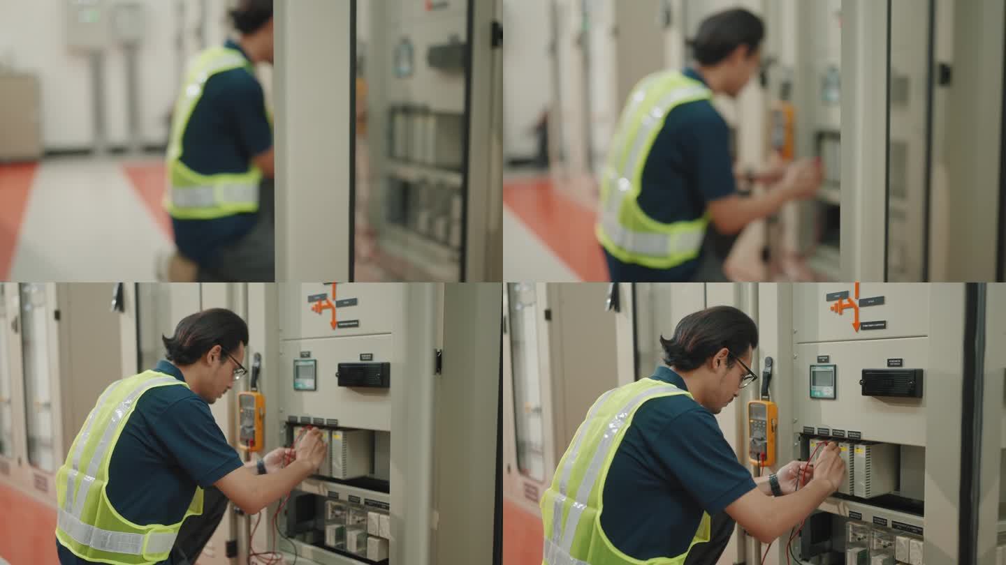 亚洲工程师在电器厂操作机械。