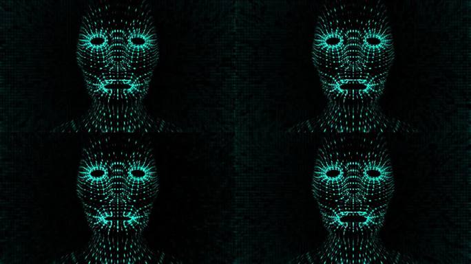 在二进制代码背景下，由绿色圆点组成的虚拟机器人头部移动嘴唇。三维动画