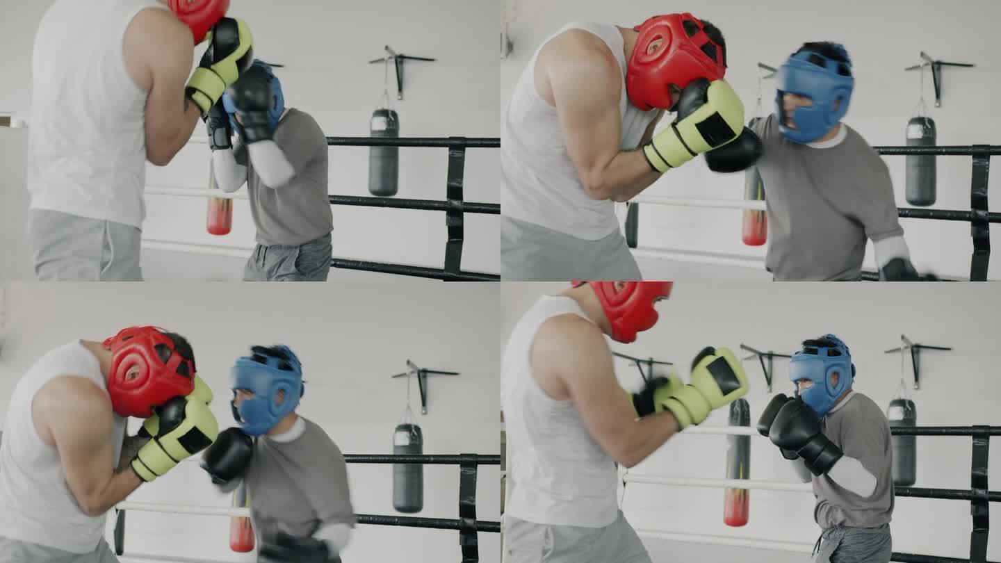 熟练的拳击手年轻男子穿着运动服在健身房练习拳击一起做运动