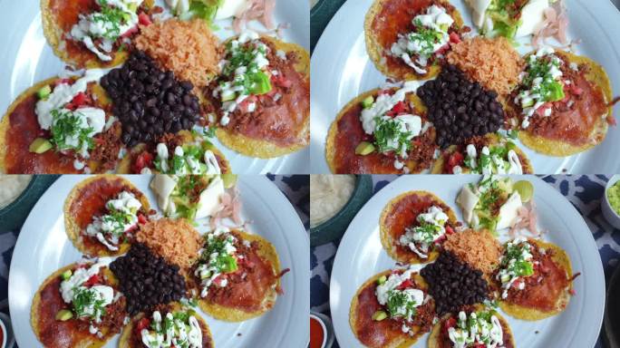打开猪肉辣香肠墨西哥卷饼与莎莎豆鳄梨俯瞰墨西哥食品4k
