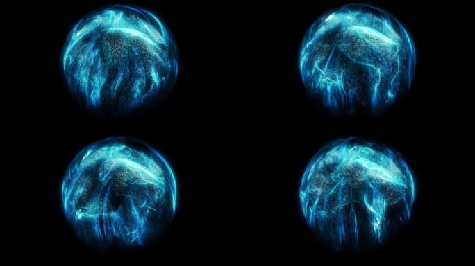 抽象的蓝色球体。能量和粒子在球体内部流动。用于背景视觉效果的动态图形元素。流体运动物理学。3D渲染，