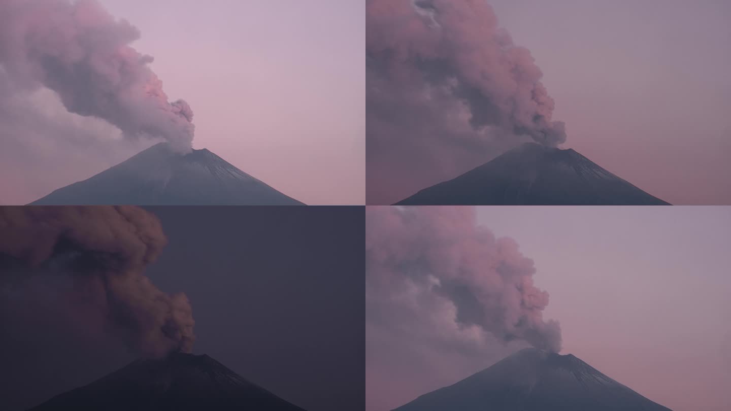 火山在清晨喷出烟雾的延时视频