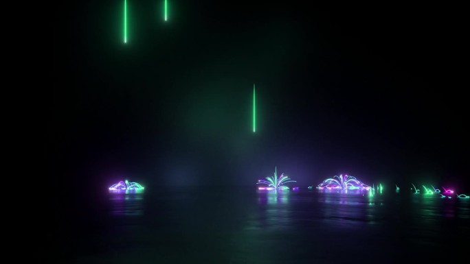 循环3d动画。抽象的霓虹背景。奇妙的发光雨下个不停，紫绿色的烟花闪闪发光