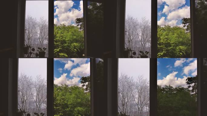 居家窗框有两扇窗，一扇是夏季景观，一扇是冬季景观。选择的概念。创意4k延时视频。