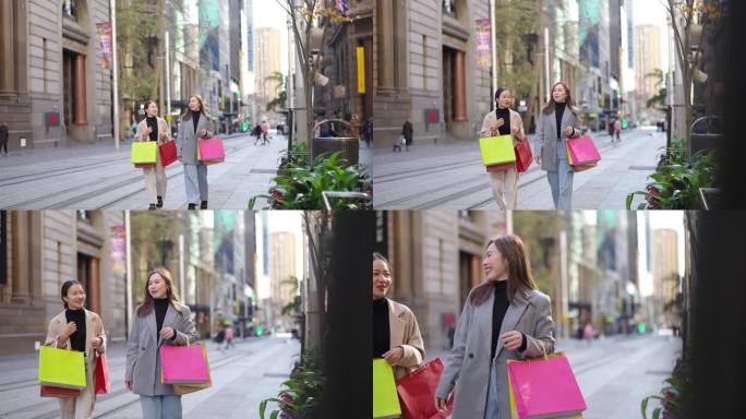 4K亚洲女性朋友一起在城市购物。