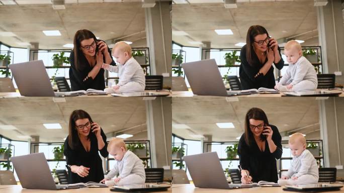 妈妈在办公室工作，她的小儿子坐在桌子上。