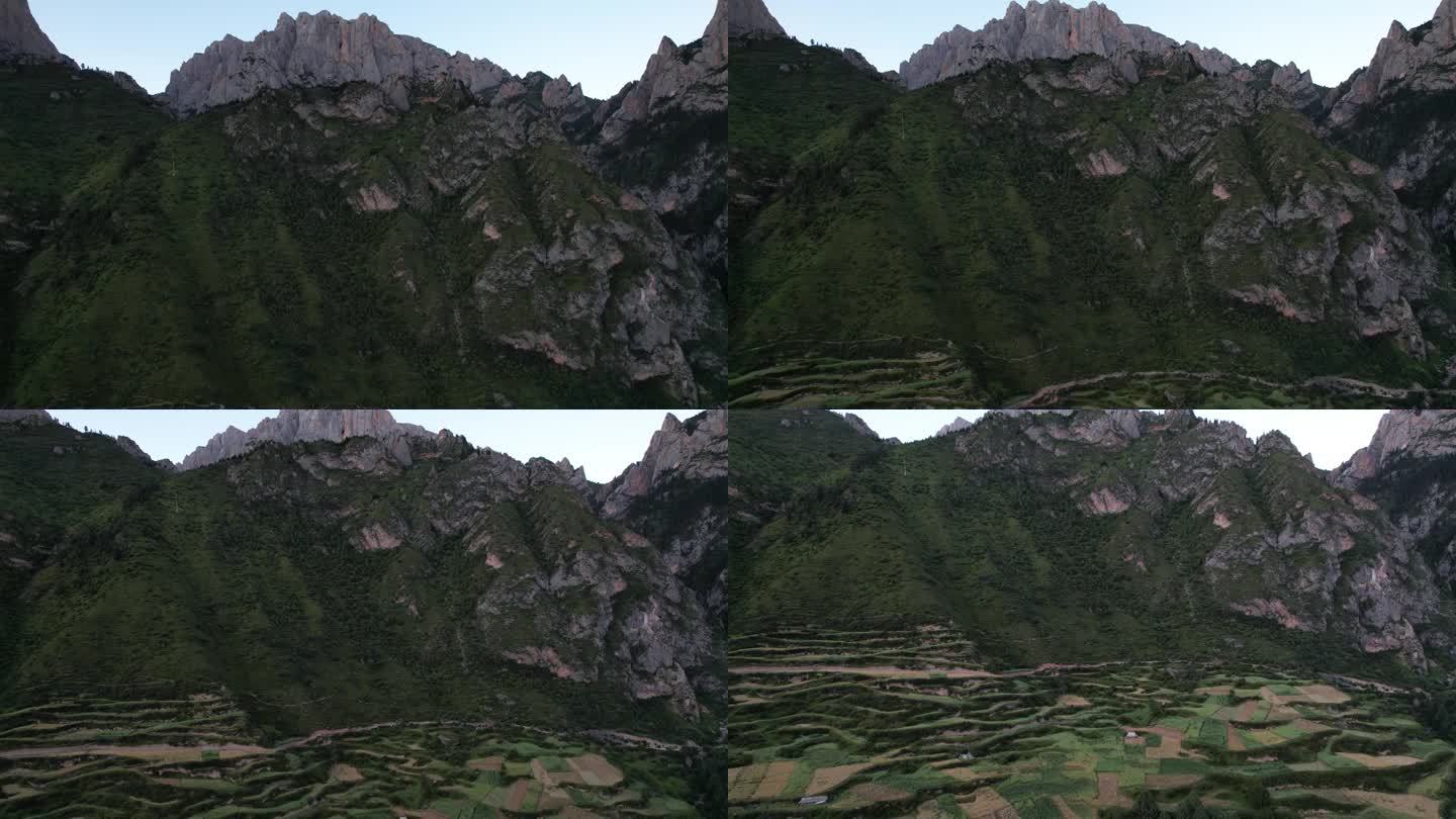 在查嘎那，中国甘肃省的梯田的空中倾斜视图