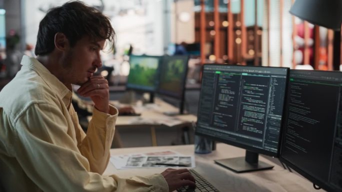 男性白人游戏程序员在游戏设计工作室的桌面电脑上编程。专注的人编写代码行，为新的沉浸式3D生存电子游戏