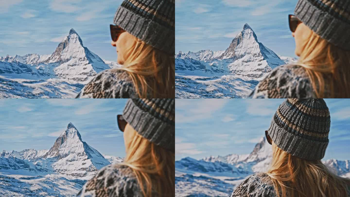一个时髦的女人在欣赏雄伟的马特洪峰
