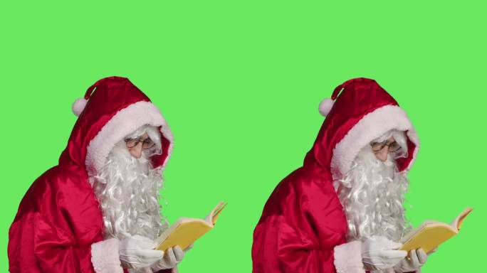 垂直视频圣诞老人阅读文学作品的侧视图