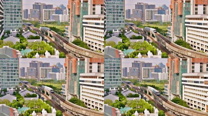 绿色的曼谷。天际线。捕捉以BTS列车线路和标志性建筑为特色的城市景观