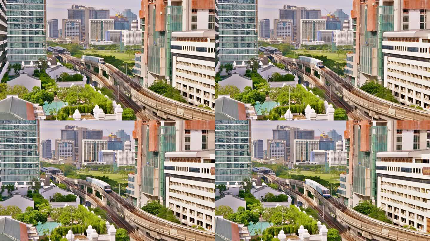 绿色的曼谷。天际线。捕捉以BTS列车线路和标志性建筑为特色的城市景观